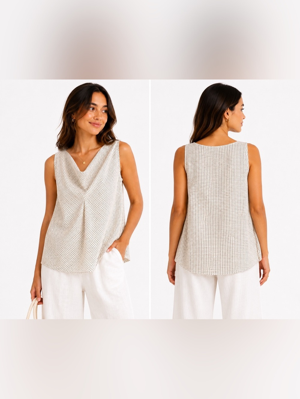 Zara Beige Check V-Neck Sleeveless Tank